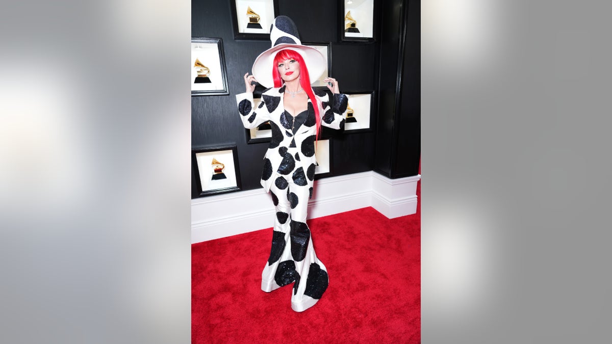 Grammy winner Shania Twain wore a cow-print suit