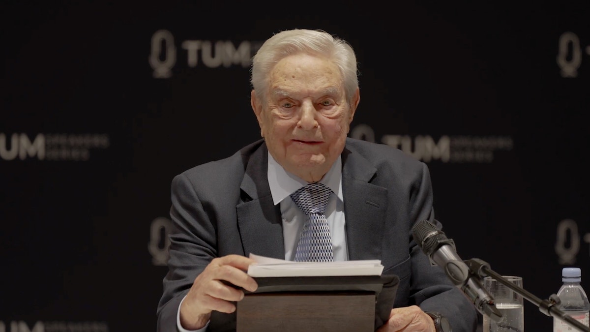 George Soros delivers a speech during the 2023 Munich Security Conference on Thursday.