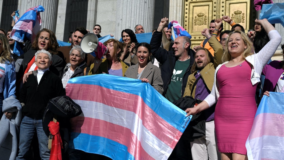 Activists with transgender flag celebrate in front of Spanish Congress