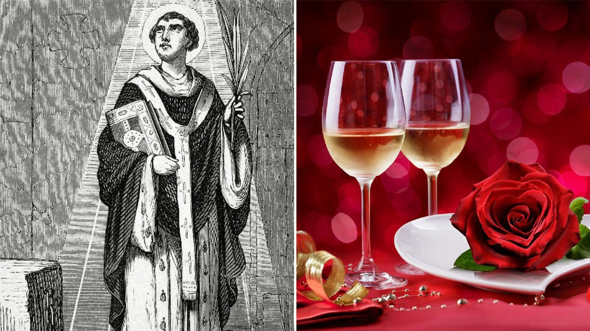 Depiction of St. Valentine next to Valentine's Day dinner with wine glasses and red rose