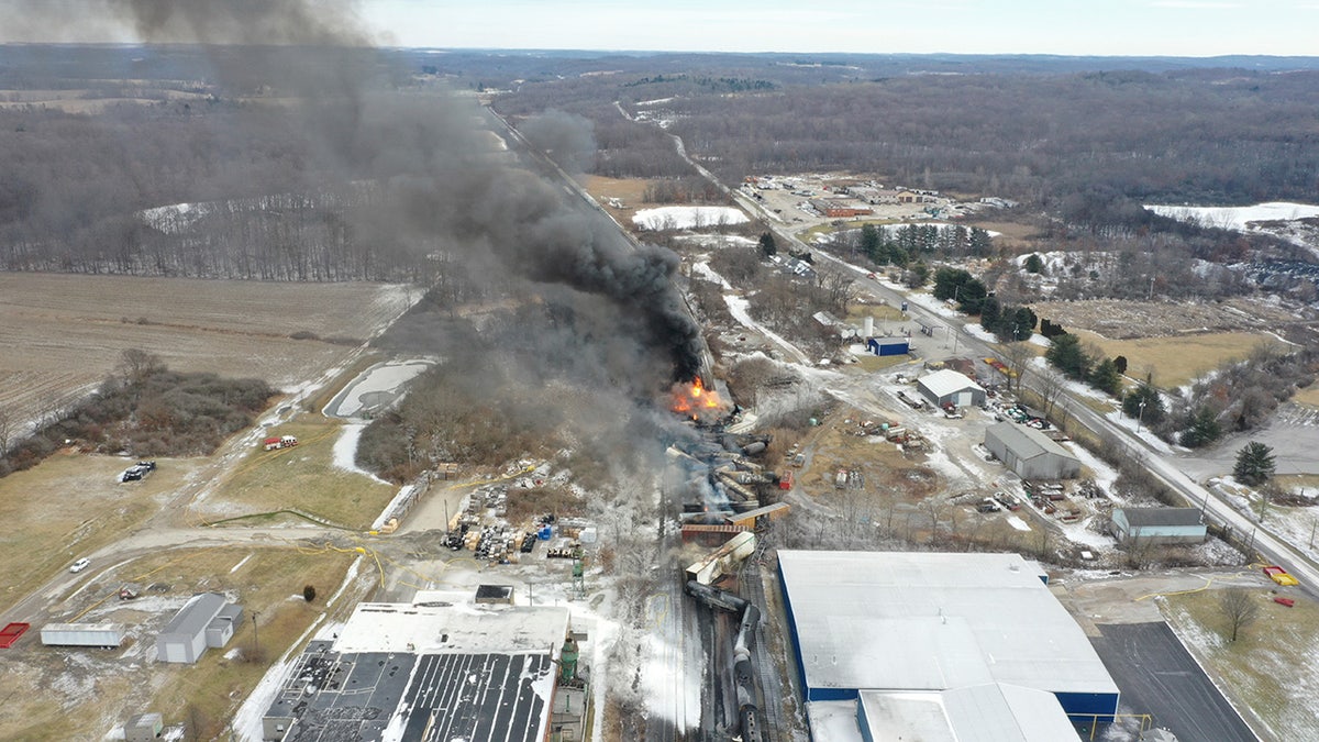 Overhead shot of train derailment