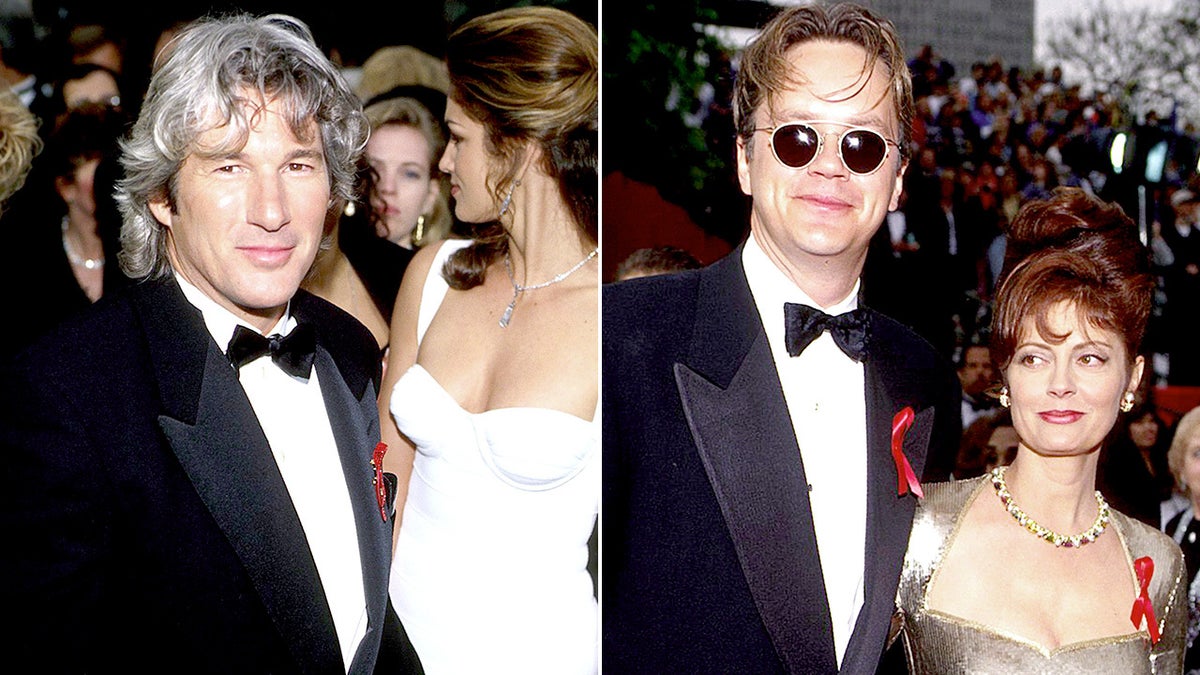 Richard Gere on the left and Tim Robbins and Susan Sarandon on the right of a splitscreen image