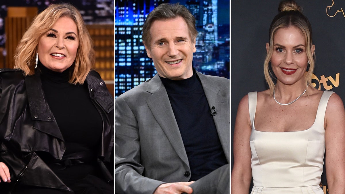 A three way split photo of Roseanne Barr, Liam Neeson, and Candace Cameron Bure