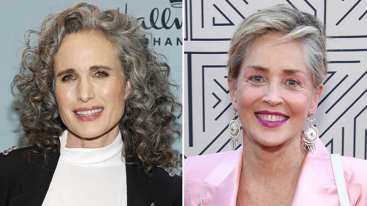 Andie MacDowell in a white top and black jacket split Sharon Stone in a pink blazer with pink hued makeup