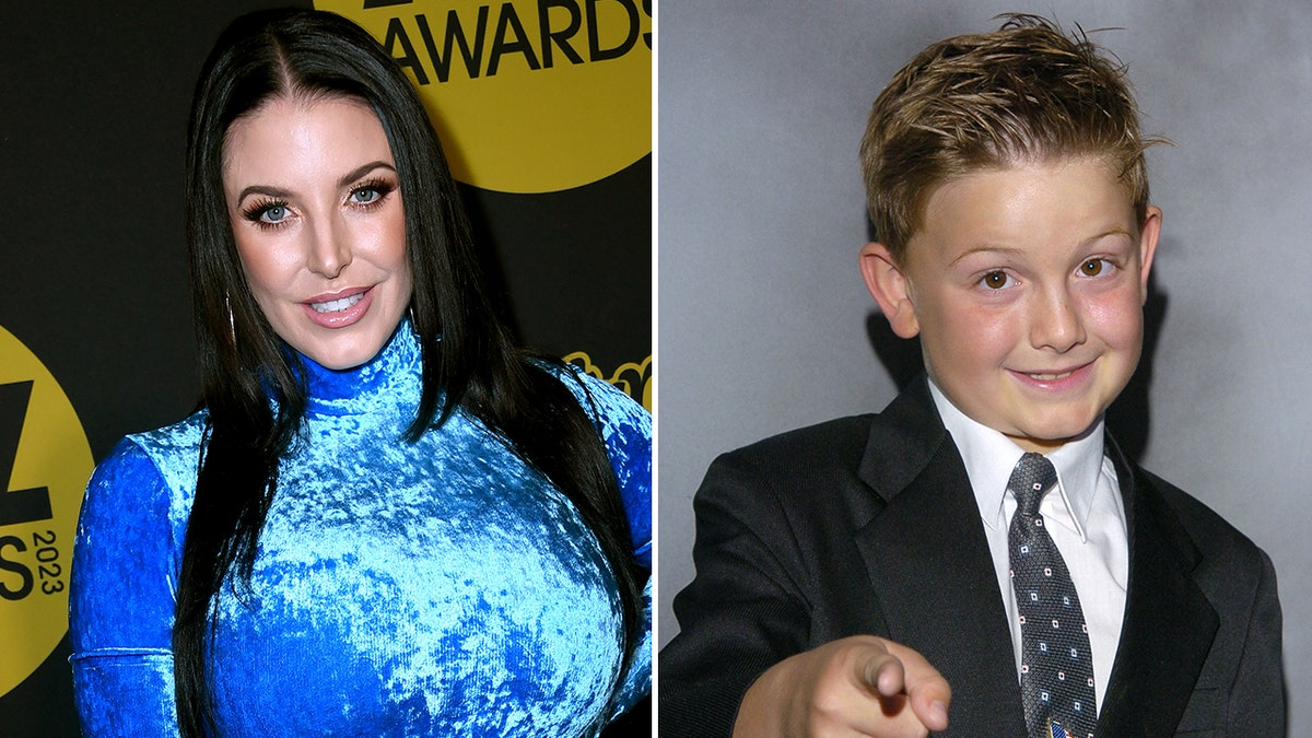 Angela White in a bright blue velvet dress on the red carpet split Austin Majors in a suit as a child pointing to the camera
