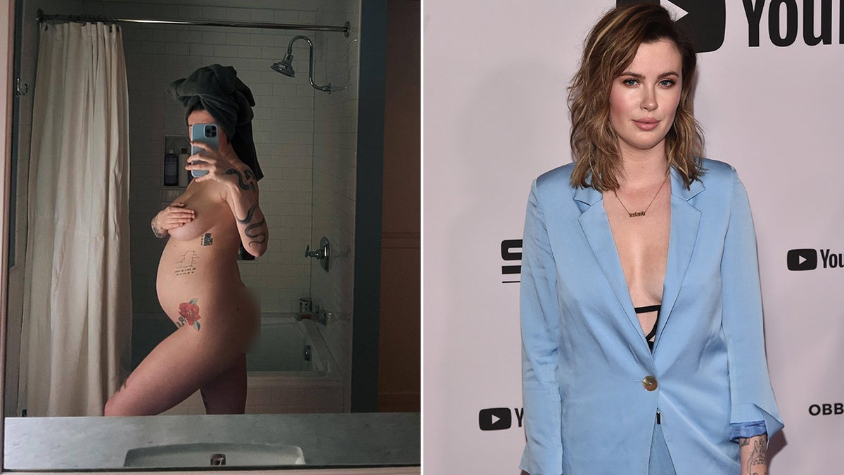 side by side of Ireland Baldwin posing nude and Ireland on the red carpet