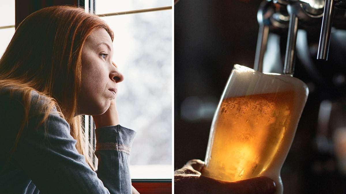 sad woman/beer tap split