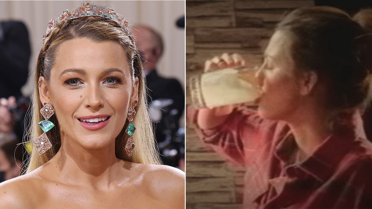 Side by side Blake Lively on the red carpet and Blake Lively in Betty Buzz commercial