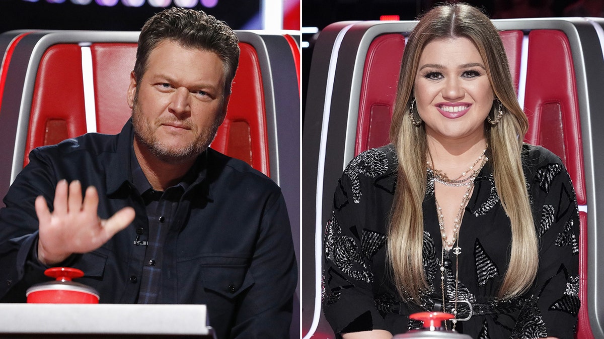 Blake Shelton on "The Voice" moves his hands towards the red button in a defiant stance split Kelly Clarkson on "The Voice" sits in her chair and smiles in the camera in a black outfit