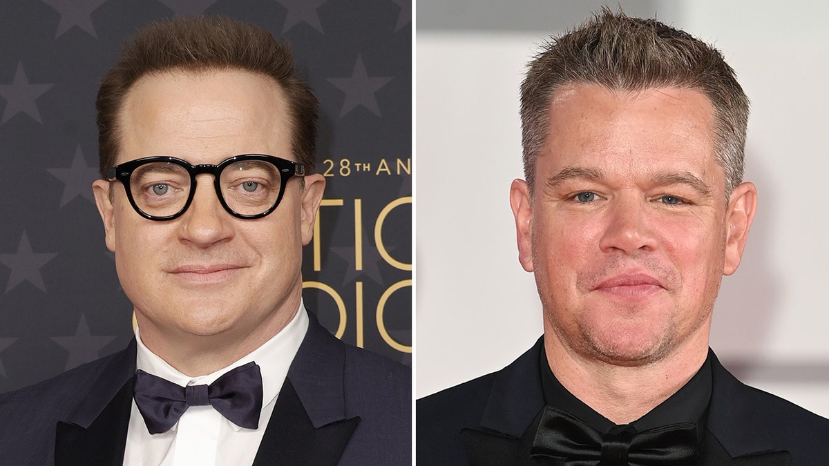 Brendan Fraser in a tuxedo and black rimmed circular glasses on the red carpet split Matt Damon in a black tuxedo soft smiles on the red carpet