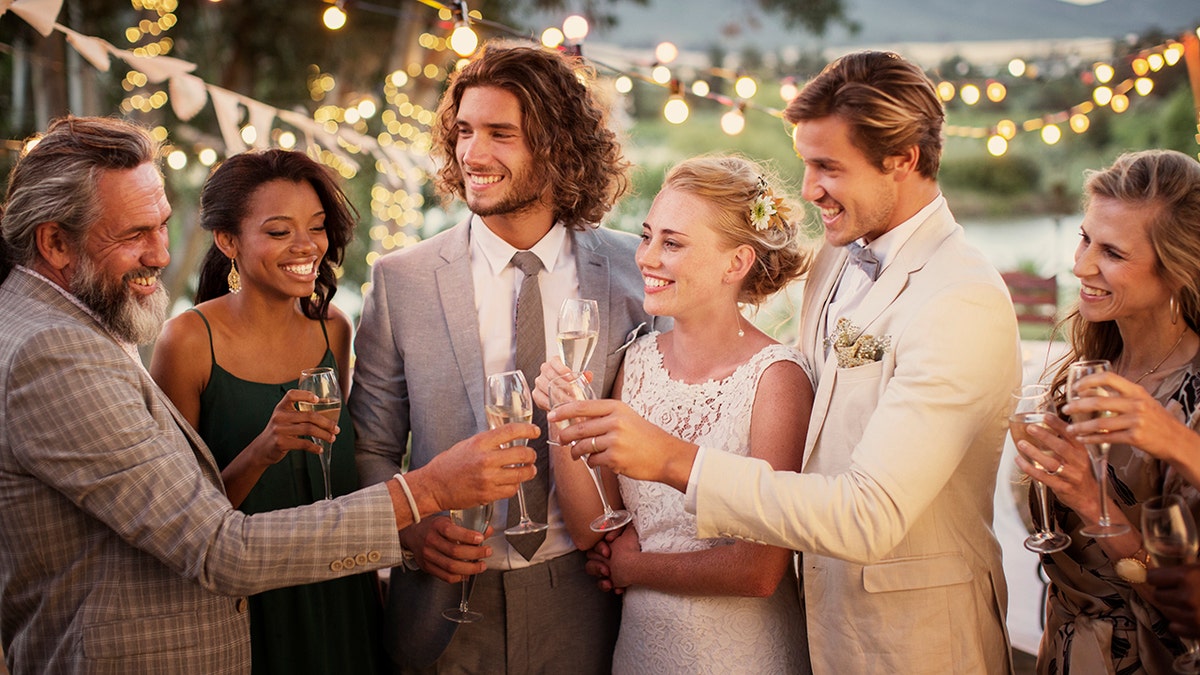 bride and groom with wedding guests