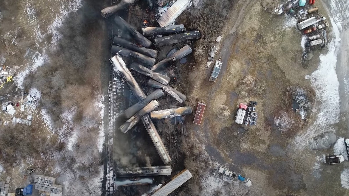 East Palestine train derailment seen from aerial shot