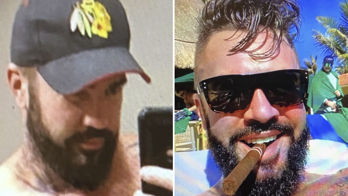 Connor Smith in side by side photos, taking a mirror selfie with a baseball hat on split smoking a cigar with black sunglasses on 
