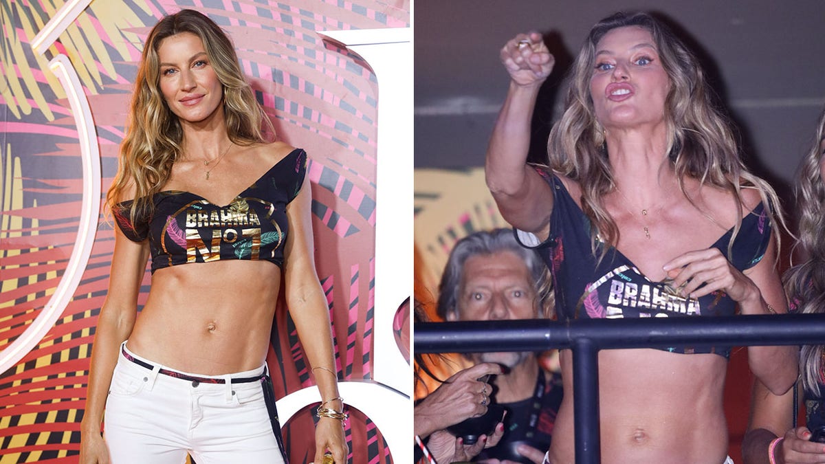 Gisele Bündchen smiles in a black top for BRAHMA Beer that she has made into a crop top, white pants and a black belt for Carnival split Gisele points at somebody from a balcony where she is enjoying her time