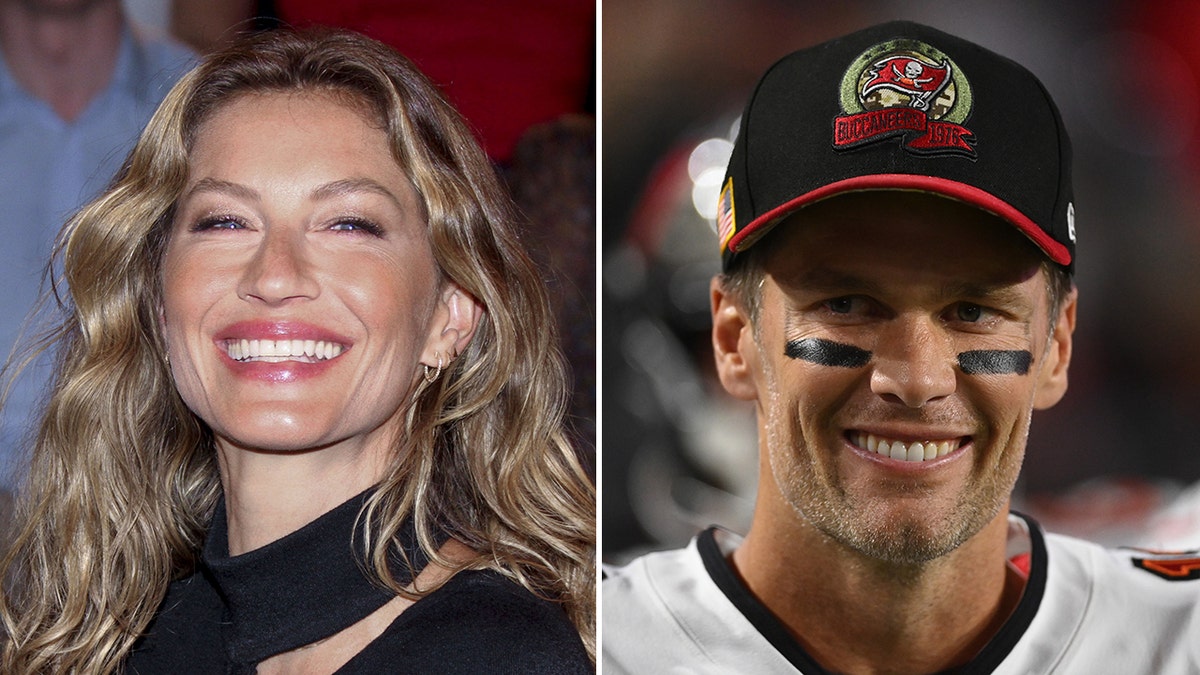 Gisele Bündchen smiles in a black top split Tom Brady with eye black under his eyes, a black Buccaneers cap, and white jersey smiles off to the right (viewers left)