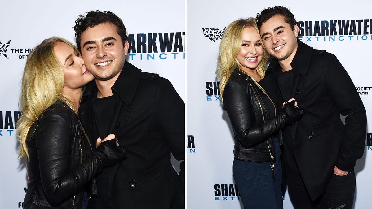 Hayden Panettiere in a black leather jacket kisses her brother Jansen, also dressed in black on the cheek split Hayden holds her brother tightly on the red carpet