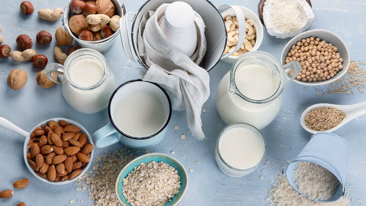 Various bottles of plant-based milk