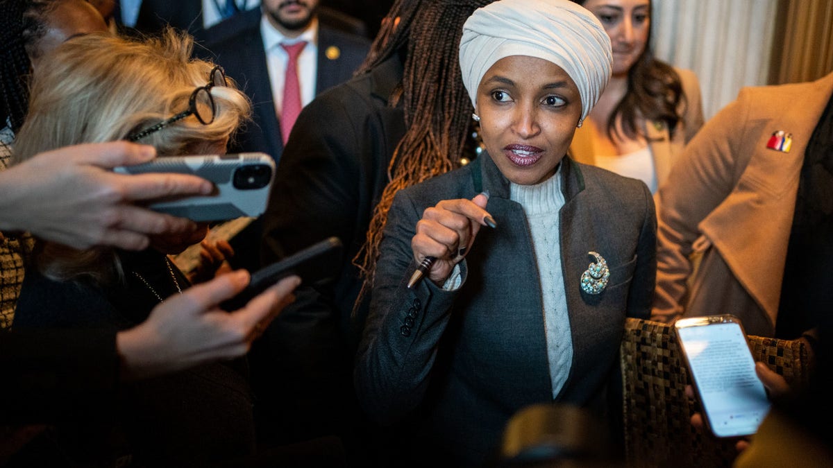 Rep Ilhan Omar speaks to press