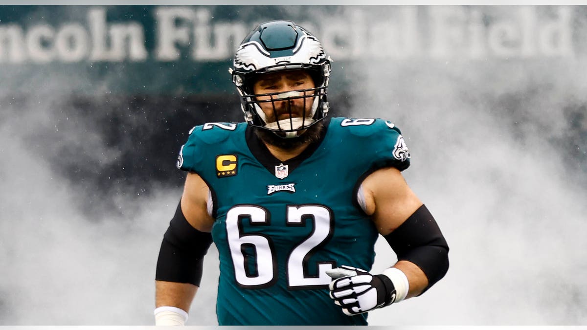 Jason Kelce #62 of the Philadelphia Eagles runs out of the tunnel prior to the NFC Championship NFL football game against the San Francisco 49ers at Lincoln Financial Field on January 29, 2023 in Philadelphia, Pennsylvania.