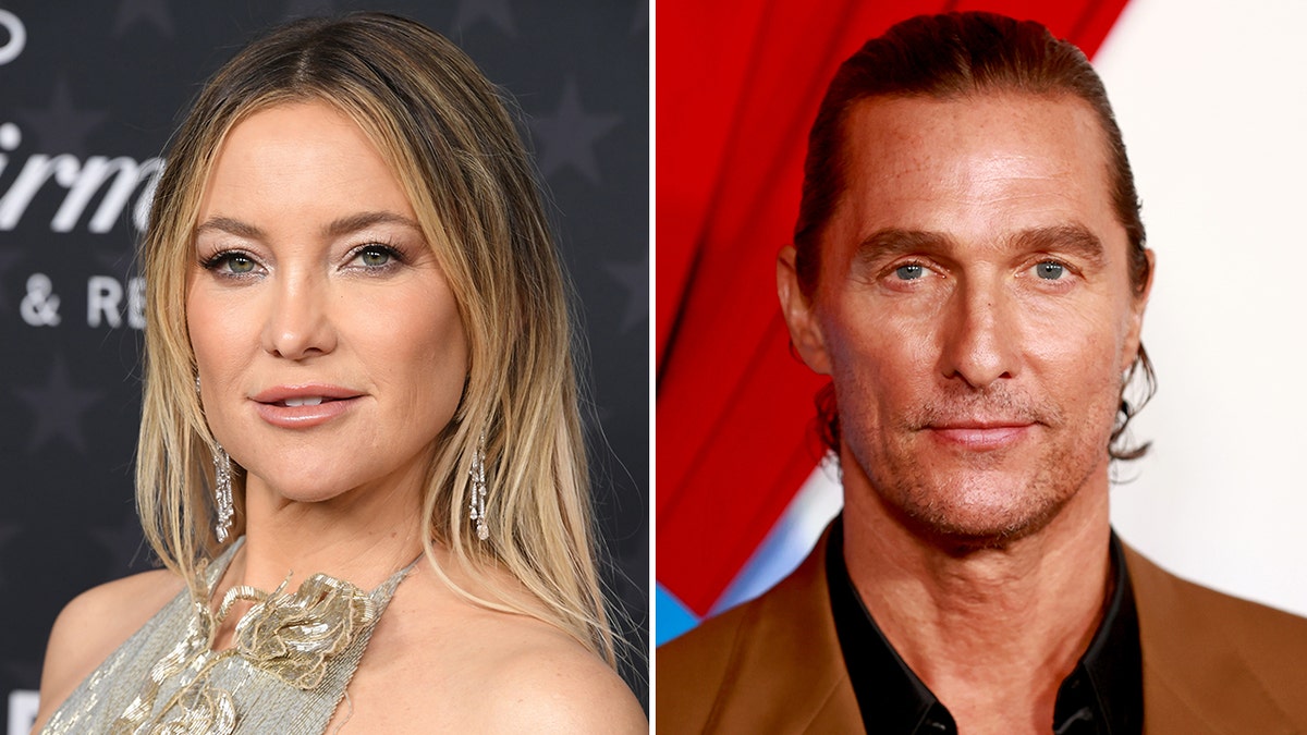 Kate Hudson on the red carpet in a silver dress with gold 3D flowers split Matthew McConaughey on the red carpet with a black button down and brown suit jacket 