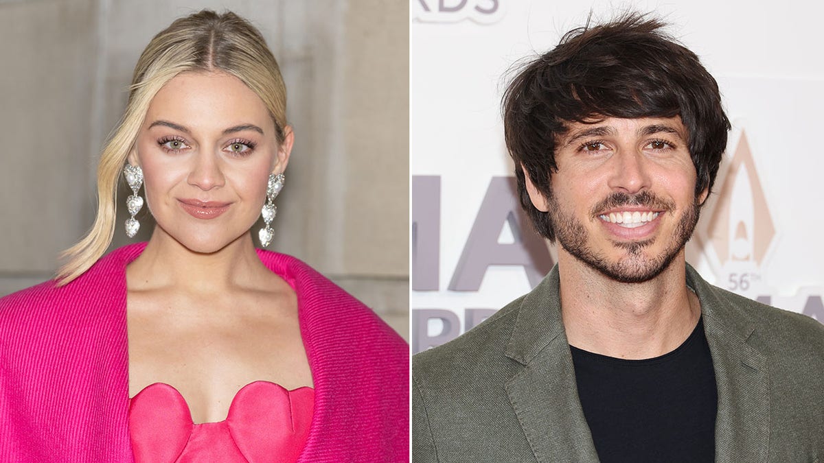 Kelsea Ballerini in a hot pink dress with hearts on the breasts and a pink sweater, and dangly heart earrings split Morgan Evans in a black shirt and muted olive green jacket