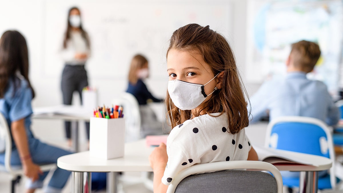 little girl wearing mask in school