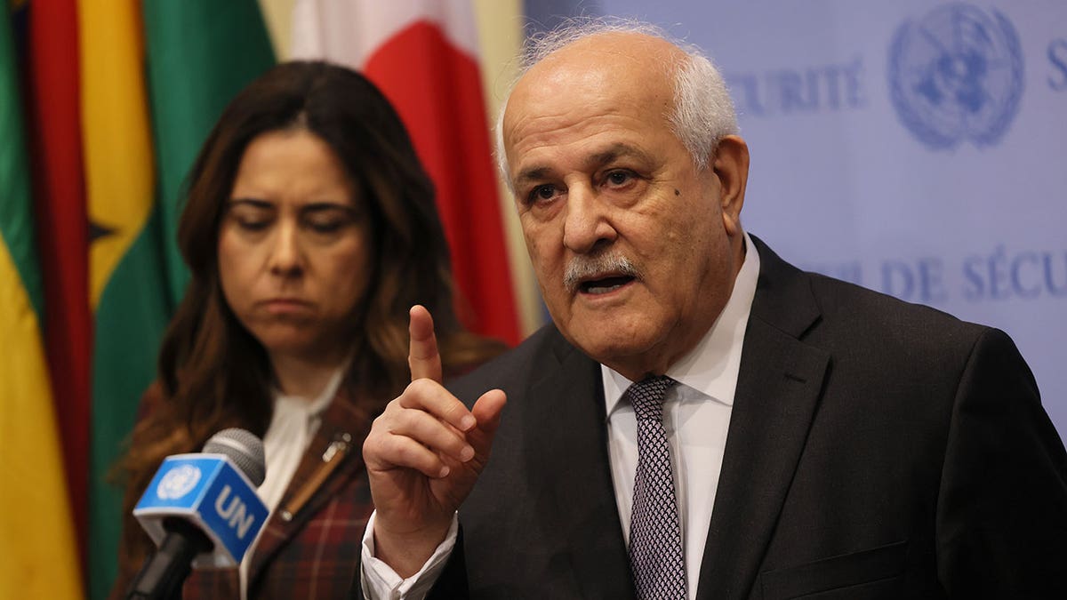 Riyad H. Mansour speaks to the press after UN Security council meeting