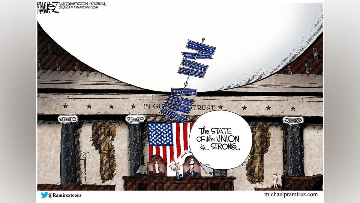 Political cartoon mocking Biden's State of the Union address