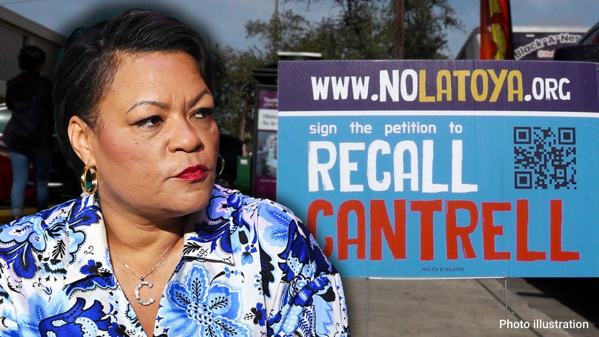 New Orleans Mayor LaToya Cantrell superimposed over a recall sign