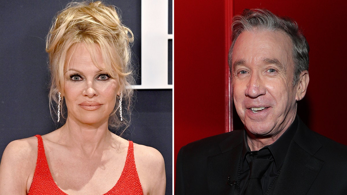 Pamela Anderson with a red spandex-like dress and high up-do split Tim Allen in a black suit in front of a red backdrop