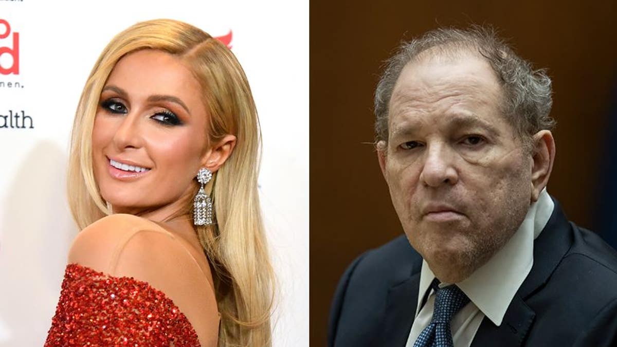 Split photo of Paris Hilton on the red carpet and Harvey Weinstein in court