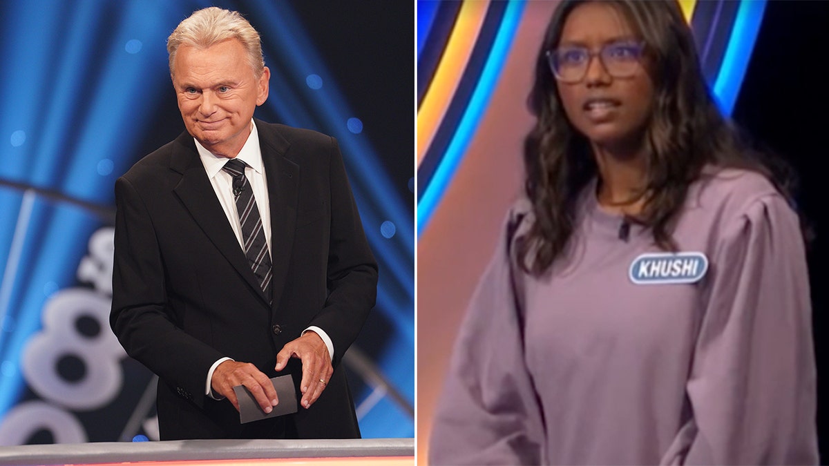 Pat Sajak split photo with contestant