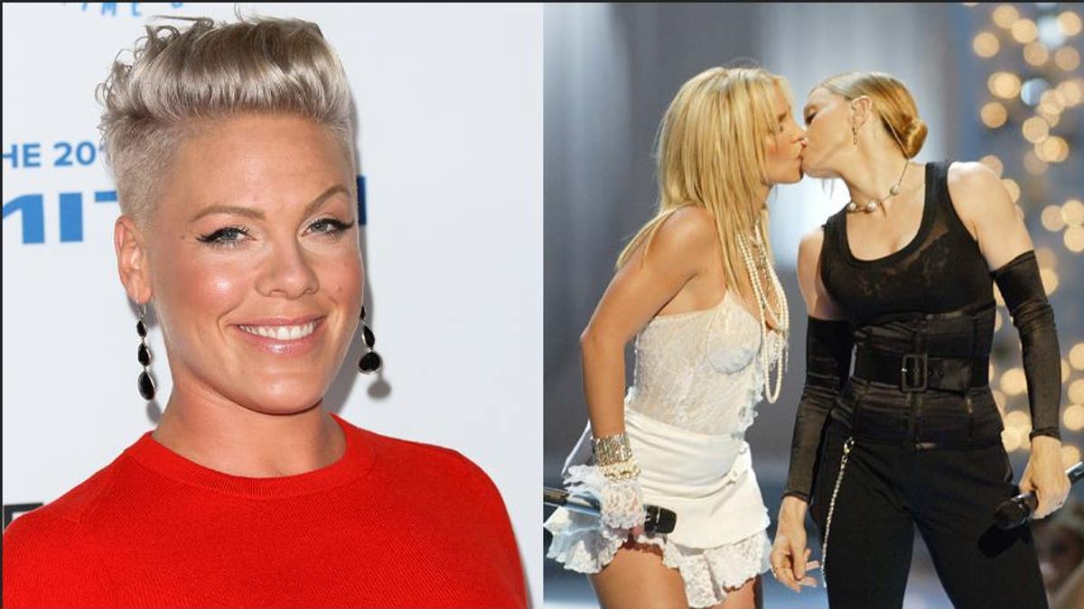 A split of Pink and Madonna and Britney spears kissing
