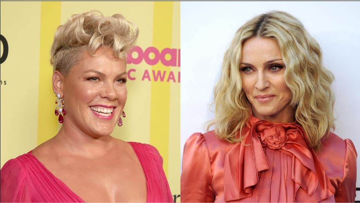 A split of Pink and Madonna walking the red carpet