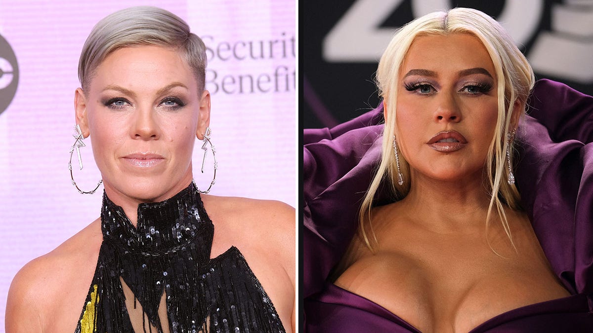 P!nk wears silver hoops with thunderbolts in them and a sequin black dress on the red carpet split Christina Aguilera shows off her cleavage in a busty purple gown with massive neck and shoulder pads