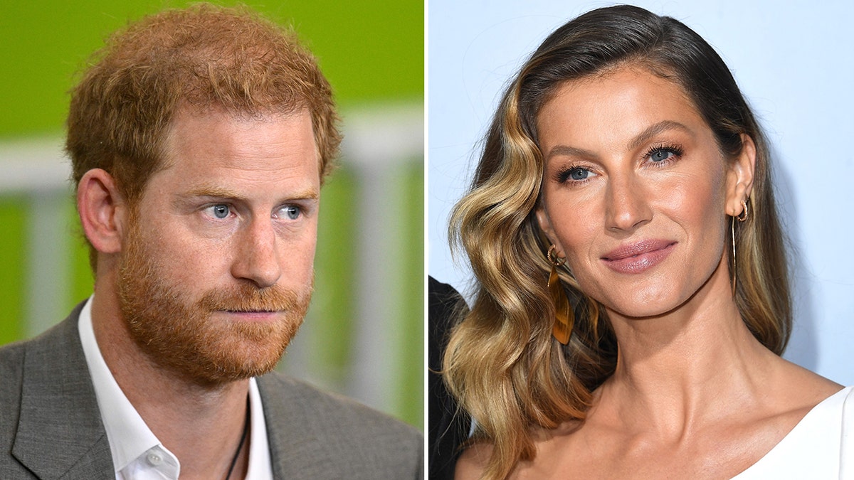 Prince Harry looks off in the distance in a grey suit and white shirt in front of a green back-drop split Gisele Bündchen looks in the opposite direction in a white dress and wavy hairstyle on the red carpet