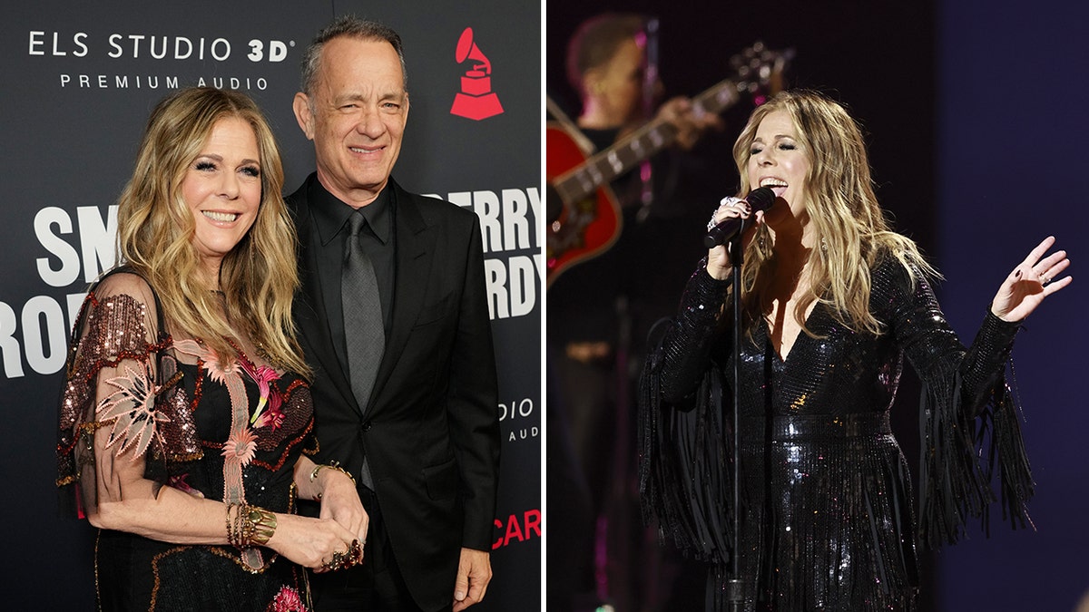 Rita Wilsons sparkles on the red carpet in a black dress adorned with red and pink jewels and designs next to husband Tom Hanks in a black suit on the red carpet split Rita Wilson in a long sequin and frill dress performing on stage at the MusiCares Persons of the Year event