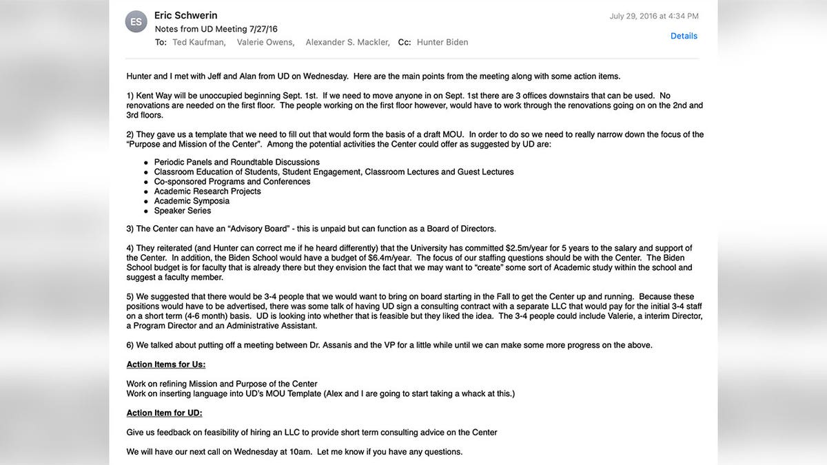 Eric Schwerin email about University of Delaware meeting