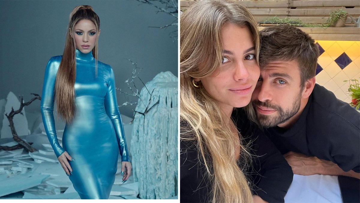Shakira in a tight blue dress in a shot from her new music video, split Gerard Piqué in a black sweatshirt cozies up to new girlfriend Clara Chia 