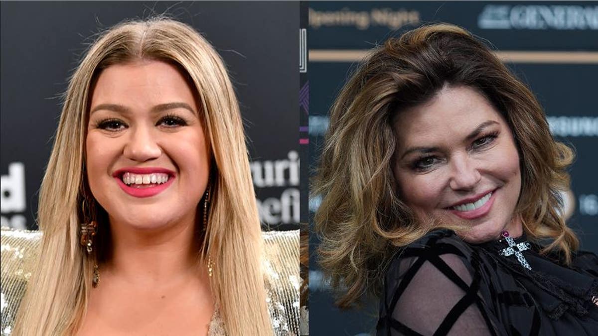 Split of Kelly Clarkson and Shania Twain smiling