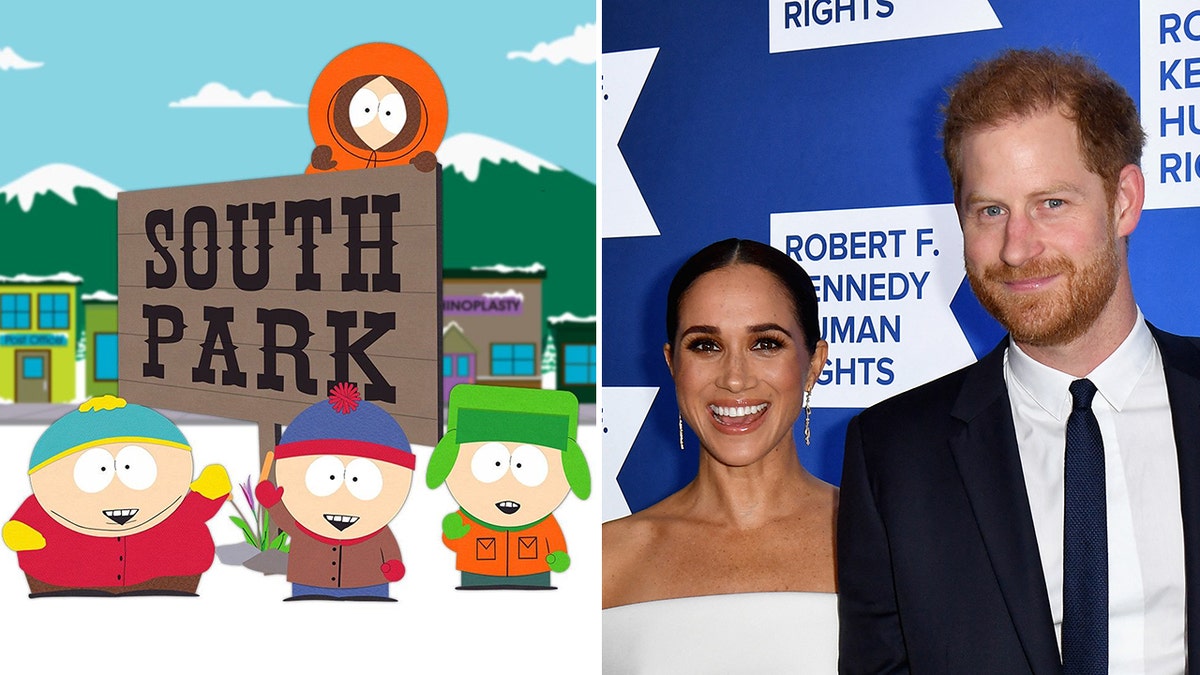 "South Park" stock image of the South Park sign and Kenny, Stan, and Kyle in front with Kenny in the back split a photo of Meghan and Harry on the red carpet in a white dress and navy suit respectively