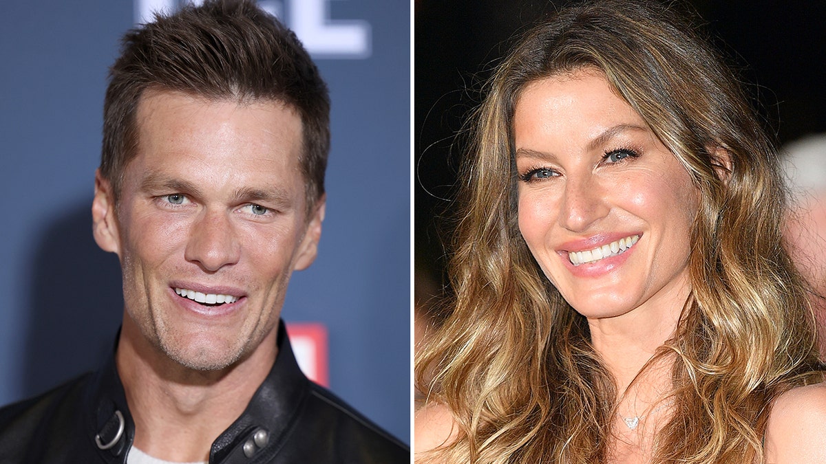 Tom Brady looks to the viewers right in a black jacket on the red carpet for "80 for Brady" split Gisele smiles to the viewers left in a green dress