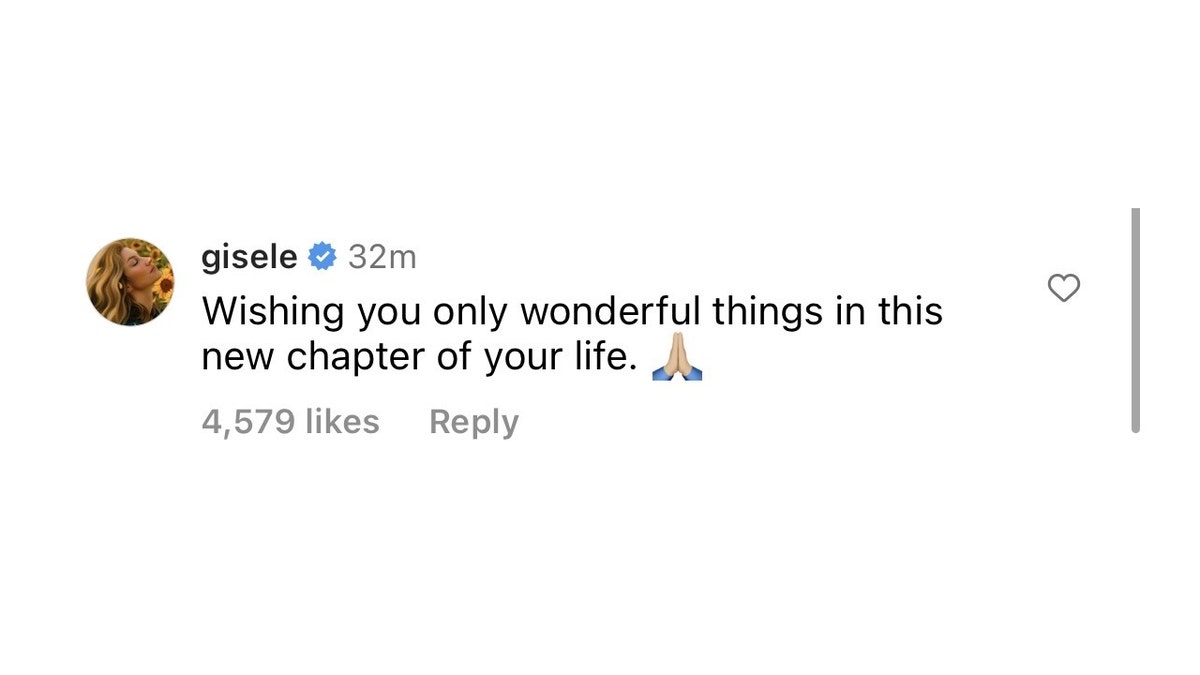 a screenshot of Gisele's comment that reads "Wishing you only wonderful things in this new chapter of your life," with a praying hands emoji.