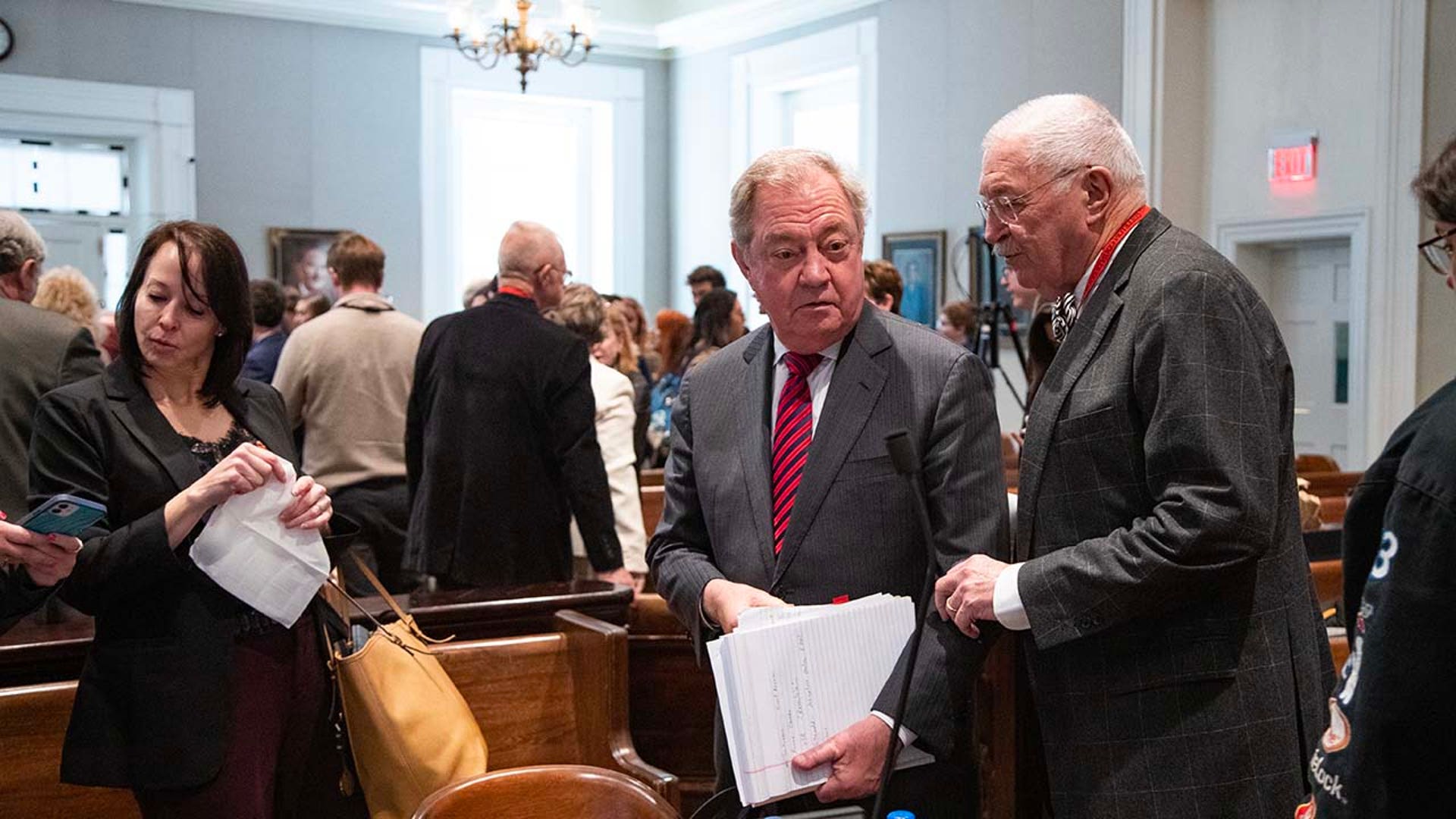 People evacuate a courthouse.