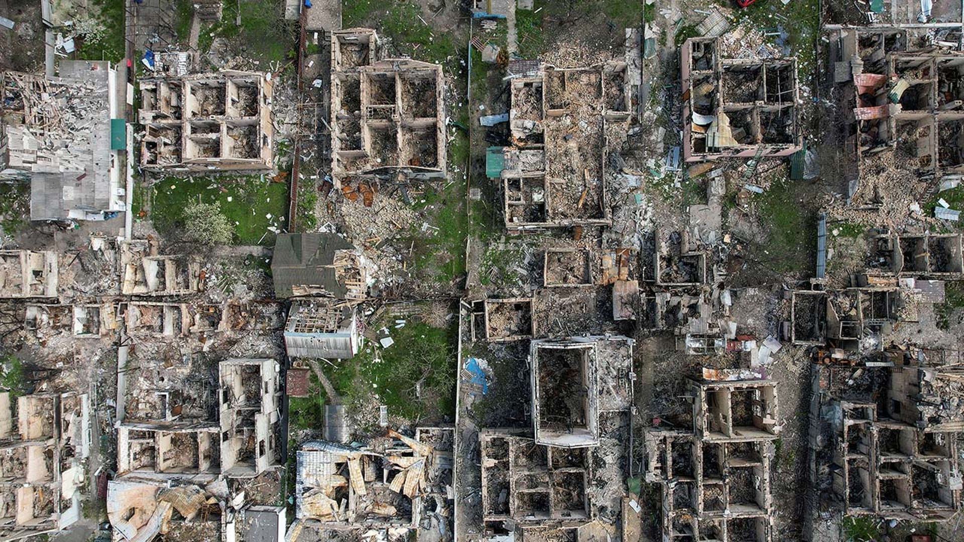 An aerial photo of leveled buildings.