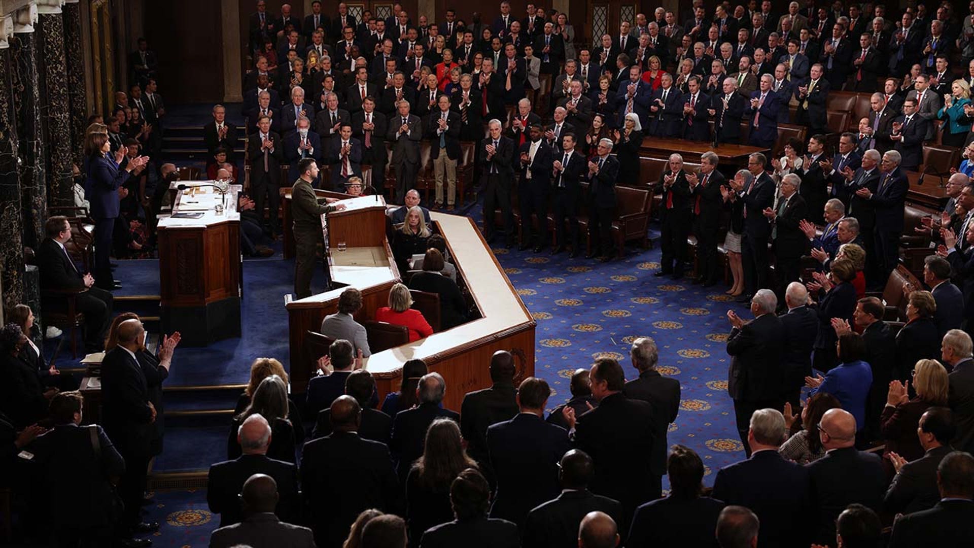 President of Ukraine Volodymyr Zelenskyy addresses a joint meeting of Congress in the House Chamber of the U.S. Capitol on December 21, 2022 in Washington, DC. In his first known trip outside of Ukraine since Russia invaded, Zelenskyy met with President Joe Biden and outlined Ukraine's request for continued military aid.