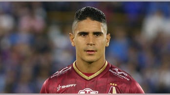 Fan punches Colombian soccer star on field; player's retaliation leads to red card