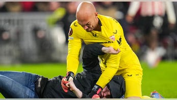 Fan punches soccer goalie during match; keeper wrestles him to ground before security steps in