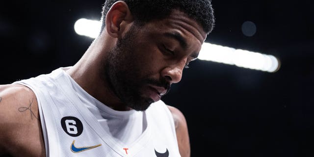 Kyrie Irving of the Brooklyn Nets before the start of the fourth quarter of a game against the New York Knicks at Barclays Center on January 28, 2023 in New York City. 