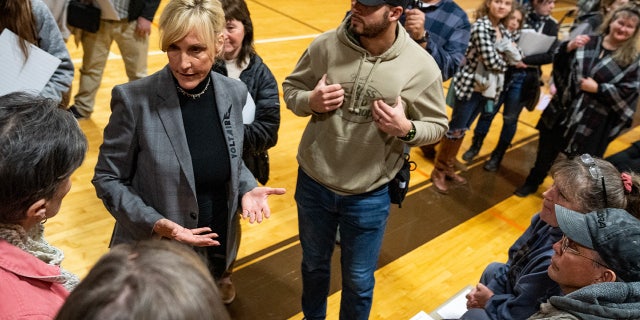 Environmental activistic Erin Brockovich (R) speaks to concerned residents arsenic she hosts a municipality hallway astatine East Palestine High School connected February 24, 2023 successful East Palestine, Ohio.